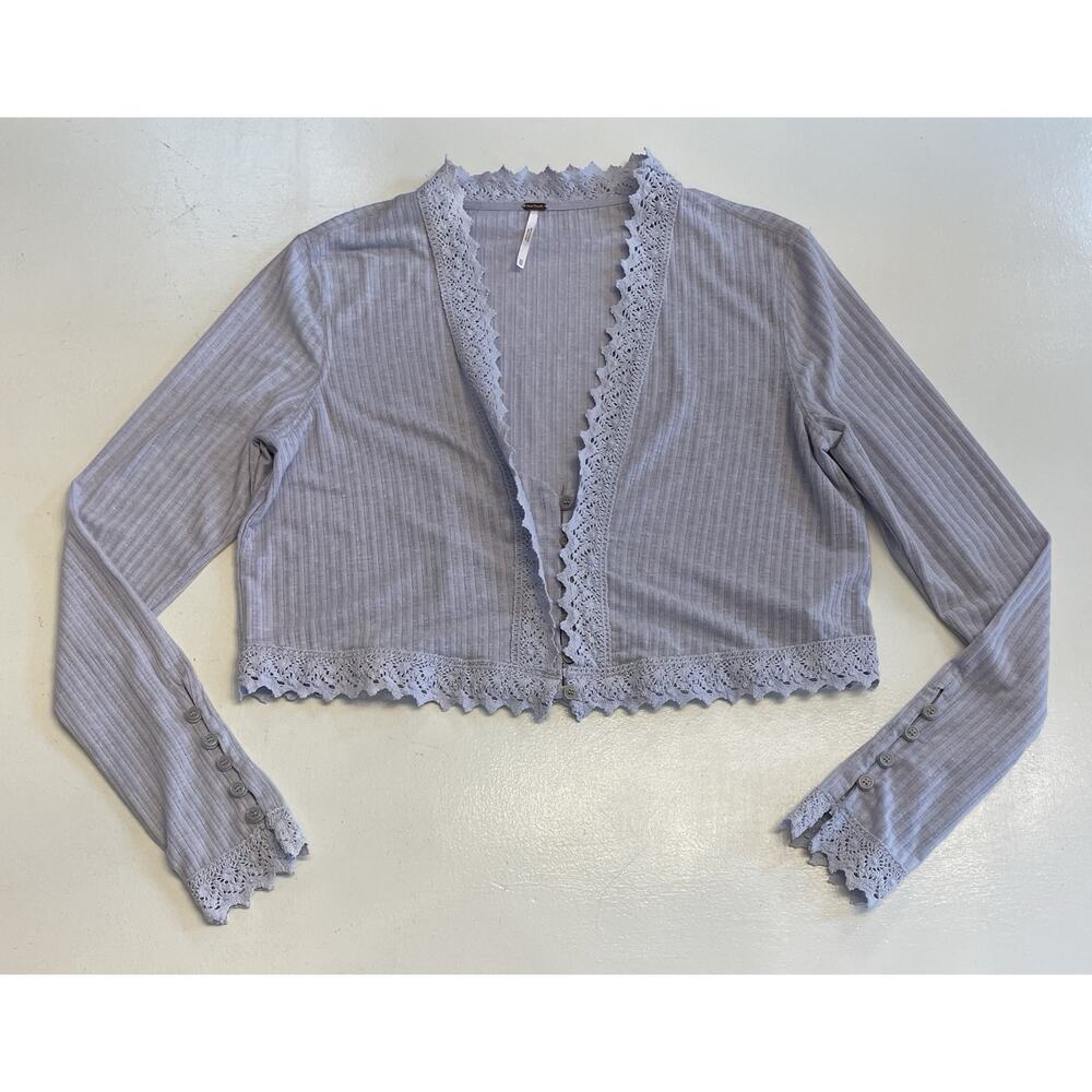 Free People Cropped Button Down Lace Long Sleeves Top Women's sz XS Lavender